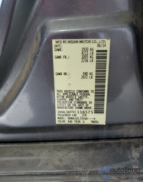 2015 Nissan Altima 2.5 z USA, uszkodzony, nr VIN 1N4AL3AP7FC116575